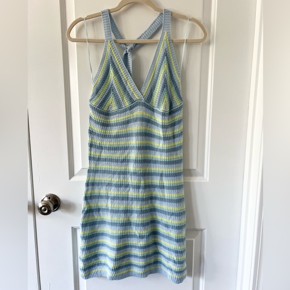 No Comment Dresses & Skirts - Y2K 90s Blue & Green Striped Crochet Knit Halter Mini Dress Size Medium